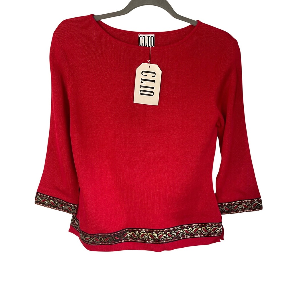 NWT Vintage CLIO Red Silk Blend Top S Metallic Paisley Border Trim Y2K Festive